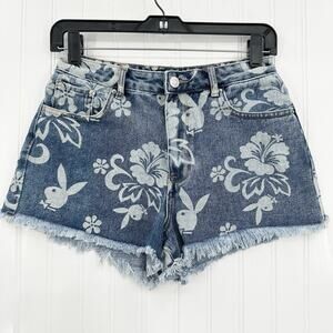 PlayBoy Pacsun Shorts Womens 27 Blue Jean Denim Fringe 90s Grunge Floral Bunny